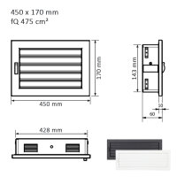 Ventlab Lamellengitter verstellbar 450 x 170 mm, schwarz